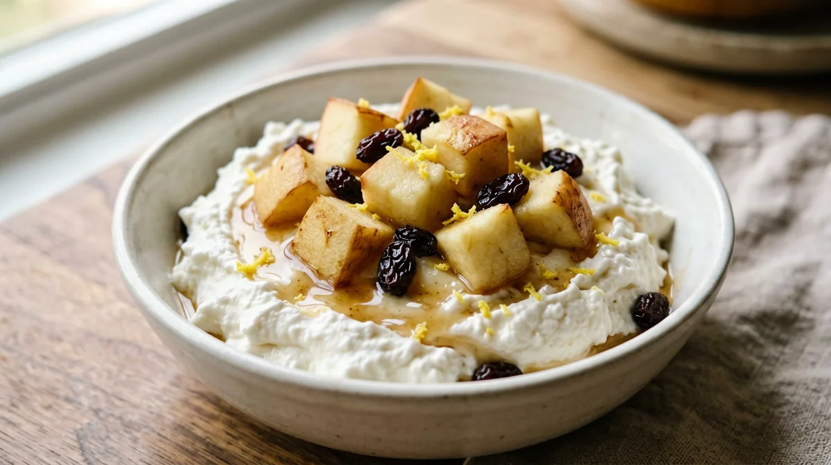 Quark montato alla cannella con mela cotta e uvetta