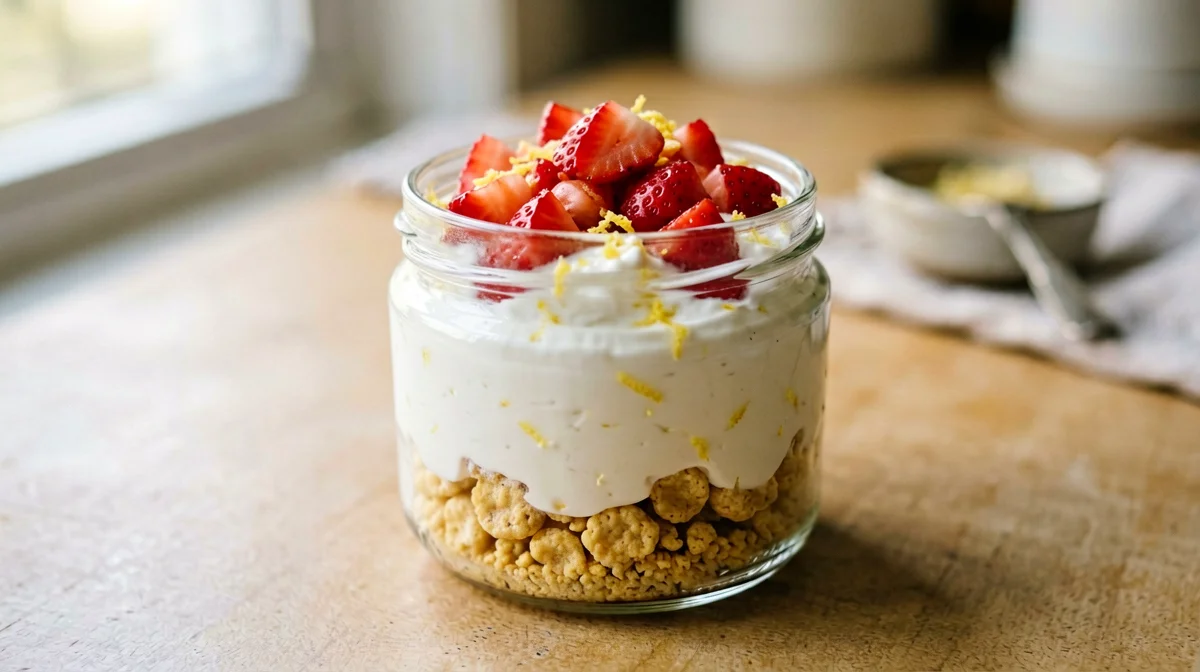 Vegan tofu strawberry cheesecake jar