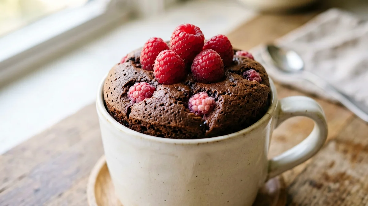 High-protein cocoa mug cake with raspberries