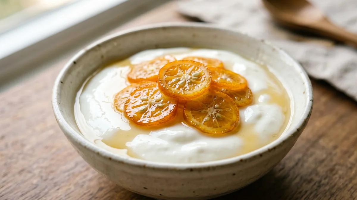 Kumquats in light syrup with soy yogurt