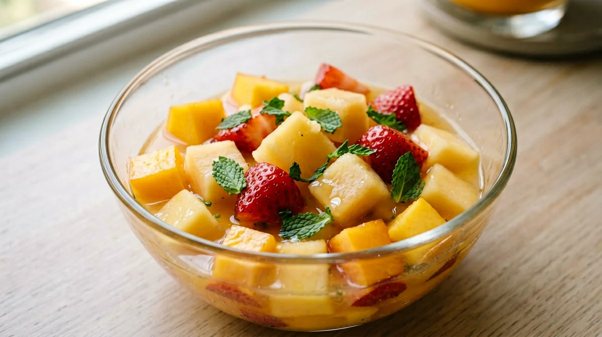 Summer fruit salad with orange juice and mint