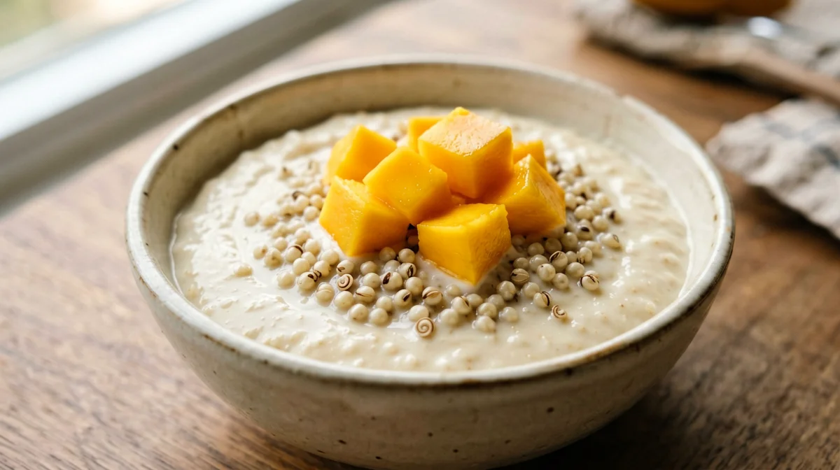 Coconut quinoa pudding with mango