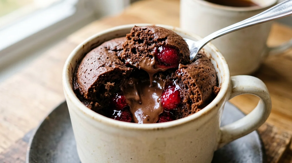 Dark chocolate mug cake with a raspberry heart