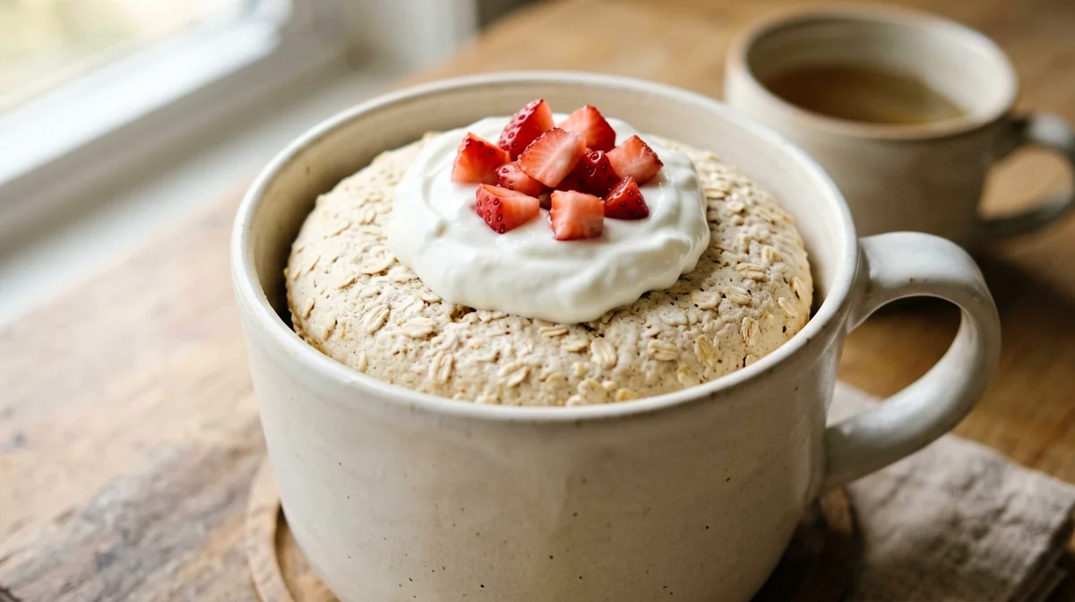 Vanilla egg-white mug cake with strawberries