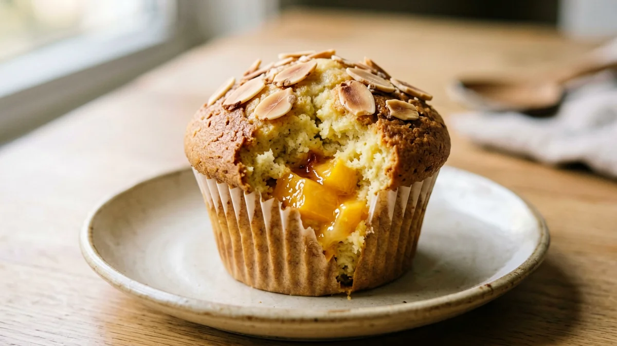 Peach muffin with flaked almonds