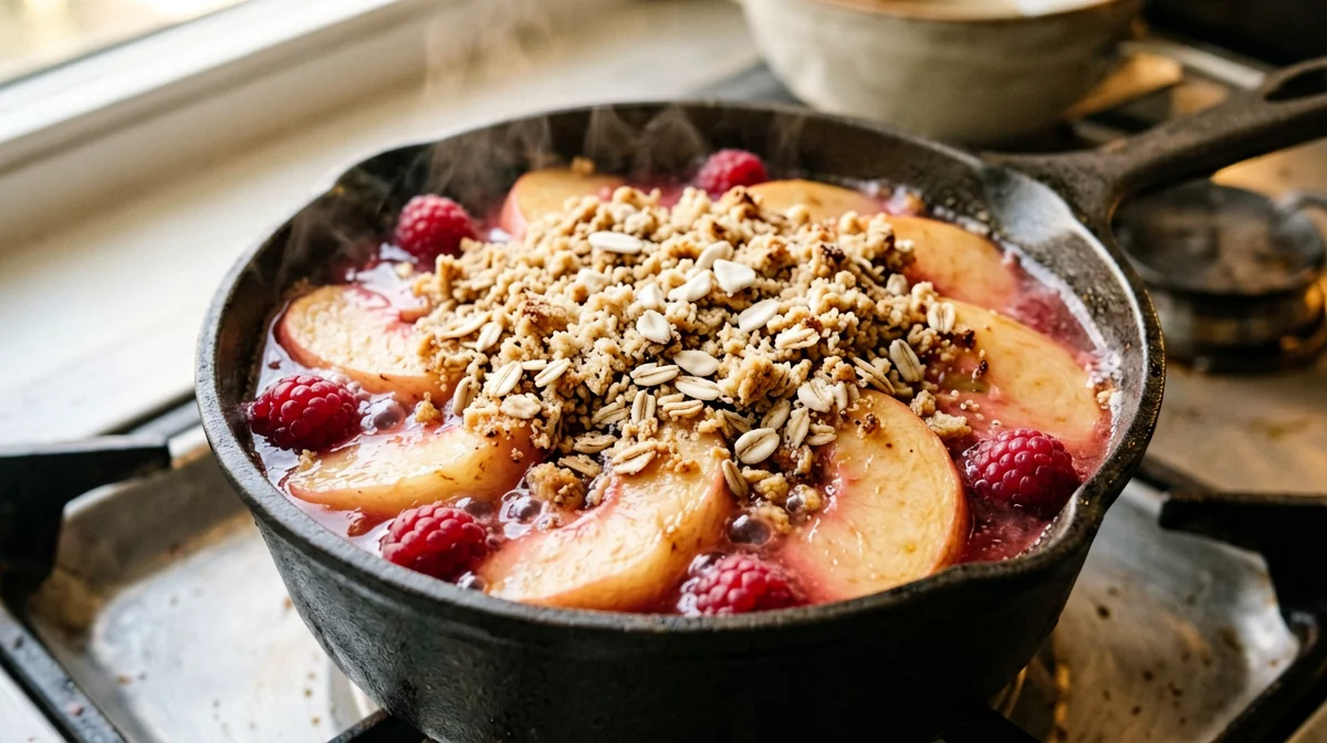 Vegan peach and raspberry crumble in a cocotte