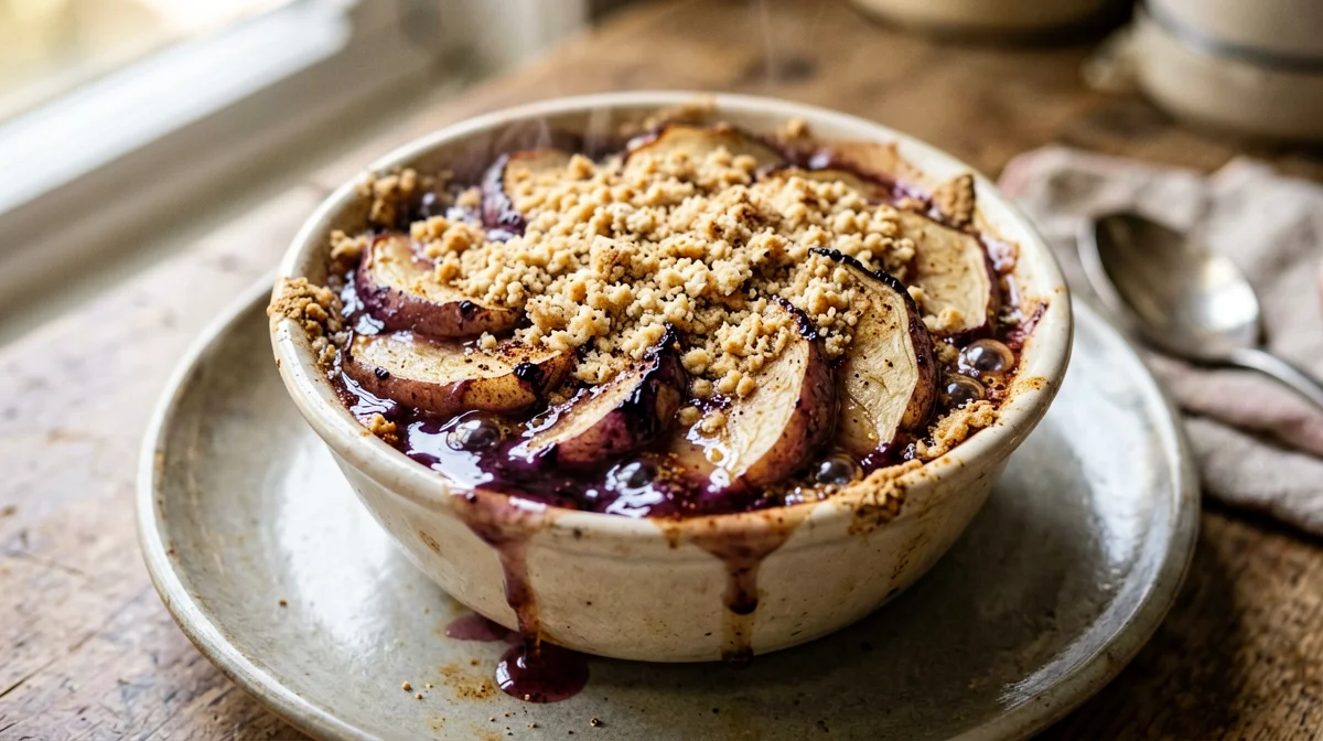 Plum and cinnamon cocotte crumble with spelt flour