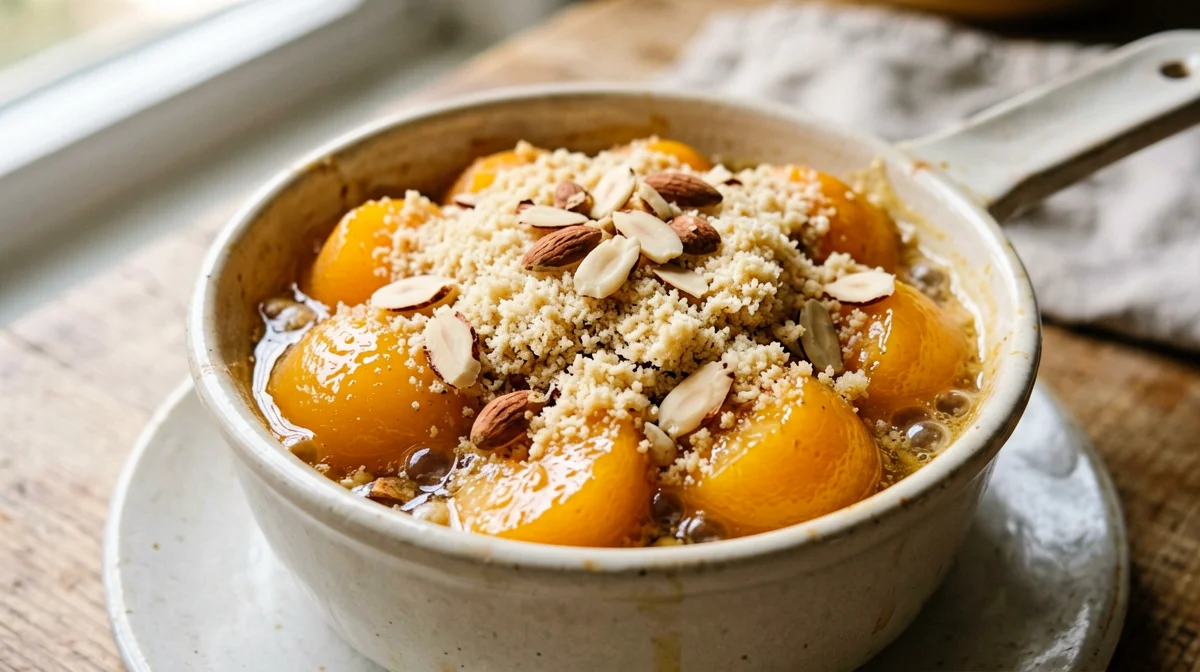 Gluten-free apricot almond crumble in a cocotte