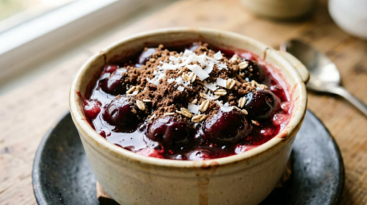 Crumble vegano di ciliegie e cacao in cocotte