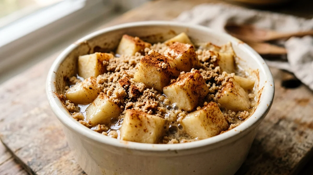 Apple and chestnut flour crumble in a cocotte