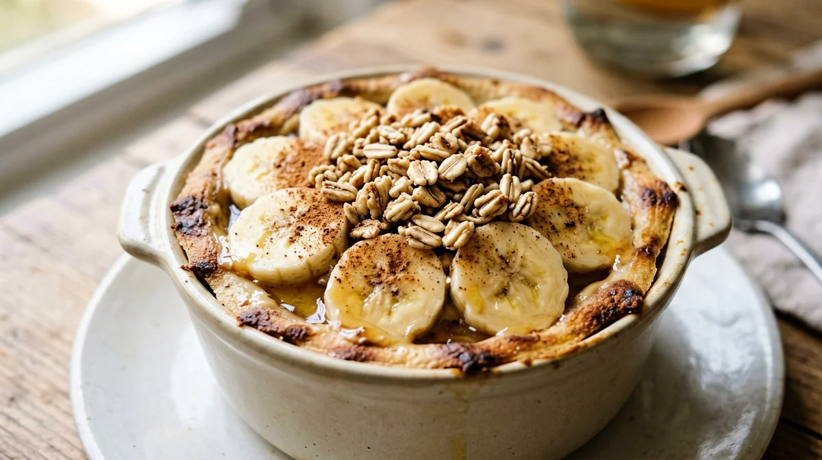 Crumble vegano di banana e burro di arachidi in cocotte