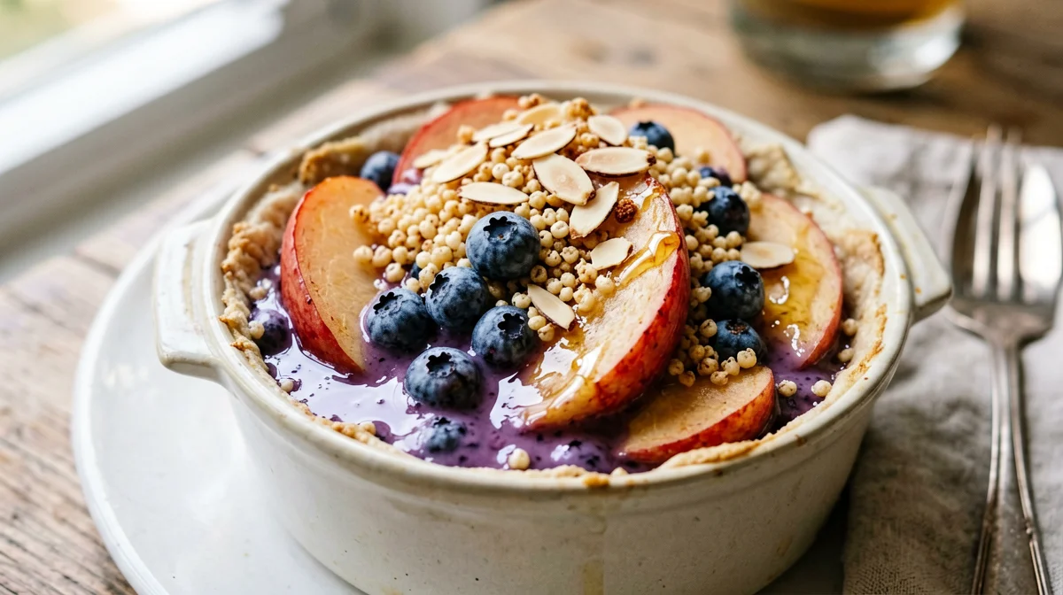 Crumble di pesche noci e mirtilli con miglio soffiato