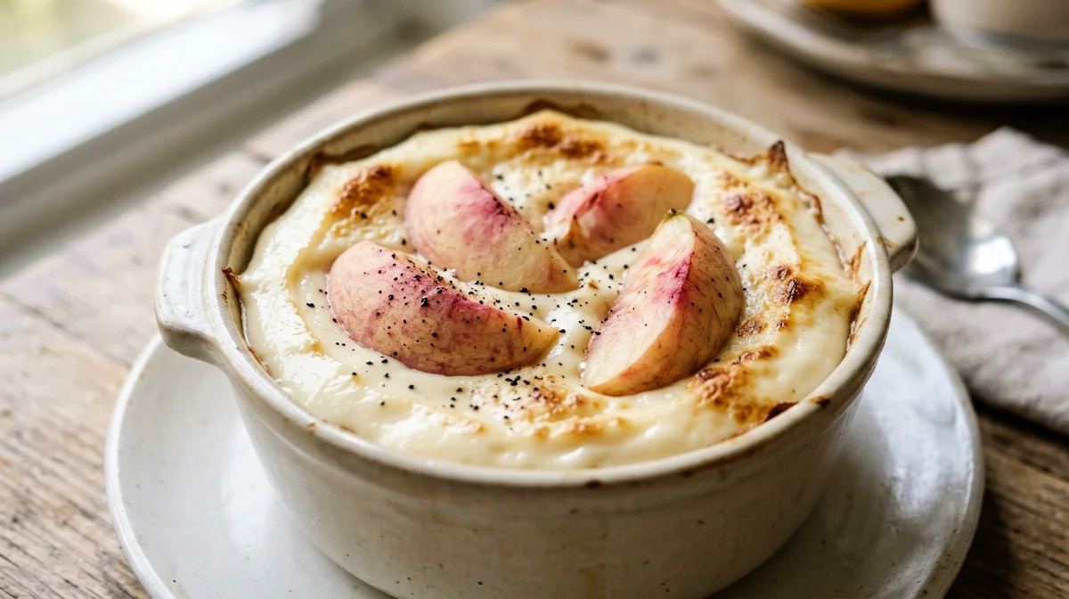 Vegan peach clafoutis with silken tofu and vanilla