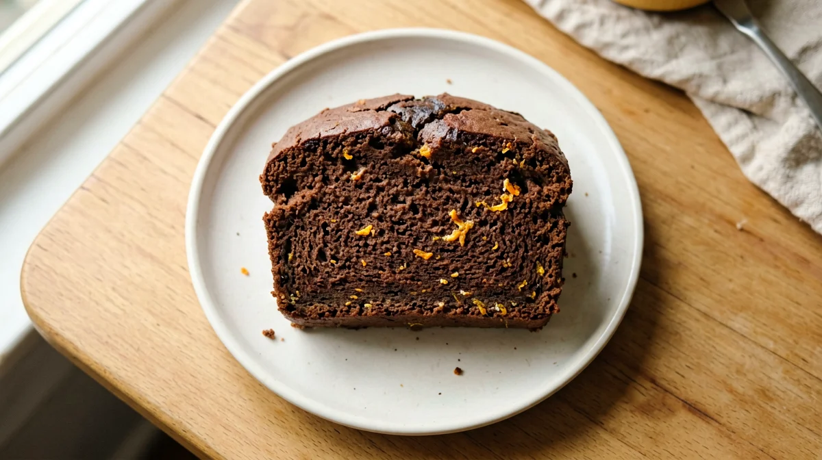 Slice of vegan cocoa orange loaf cake