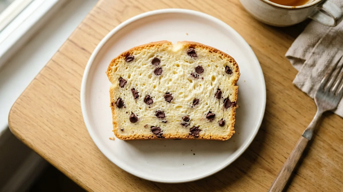 Slice of ricotta chocolate chip loaf cake