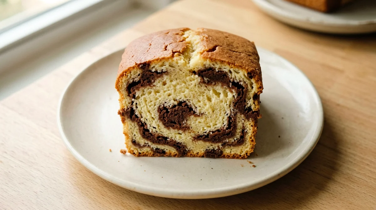 Slice of vanilla and cocoa marble loaf cake