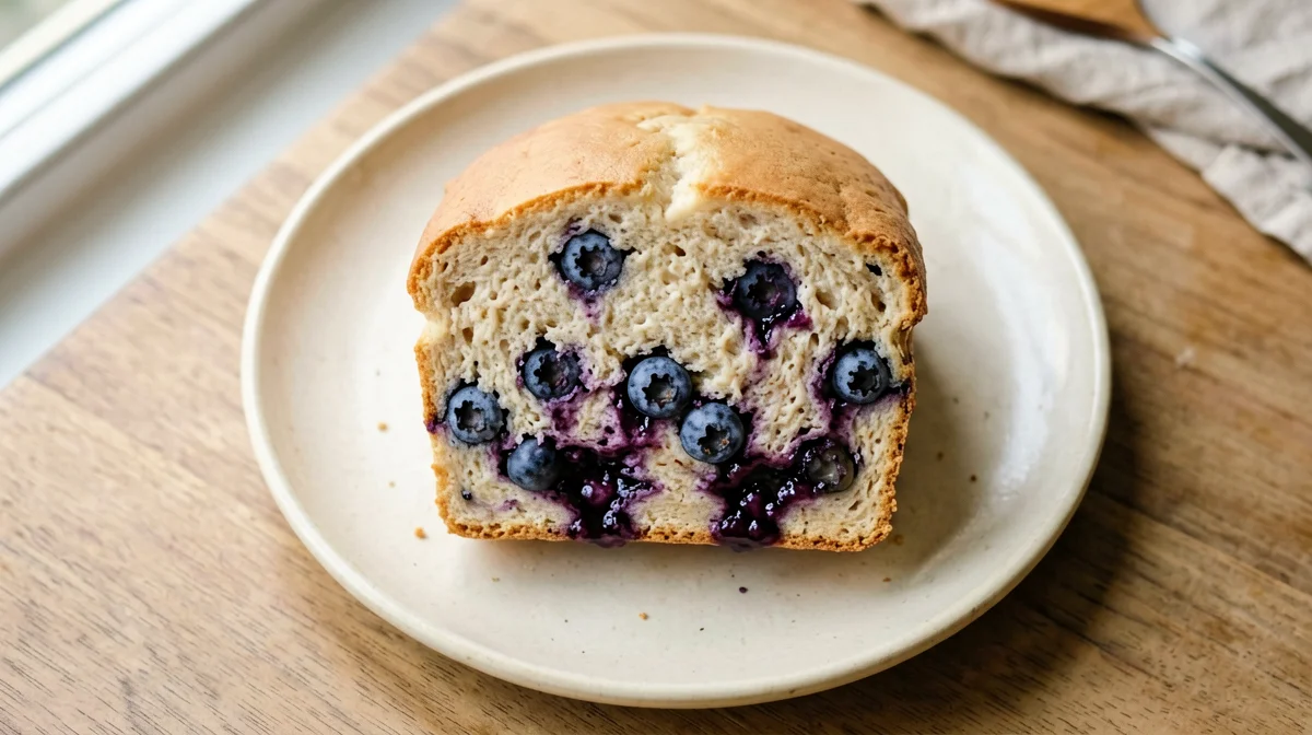 Slice of high-protein Greek yogurt blueberry loaf