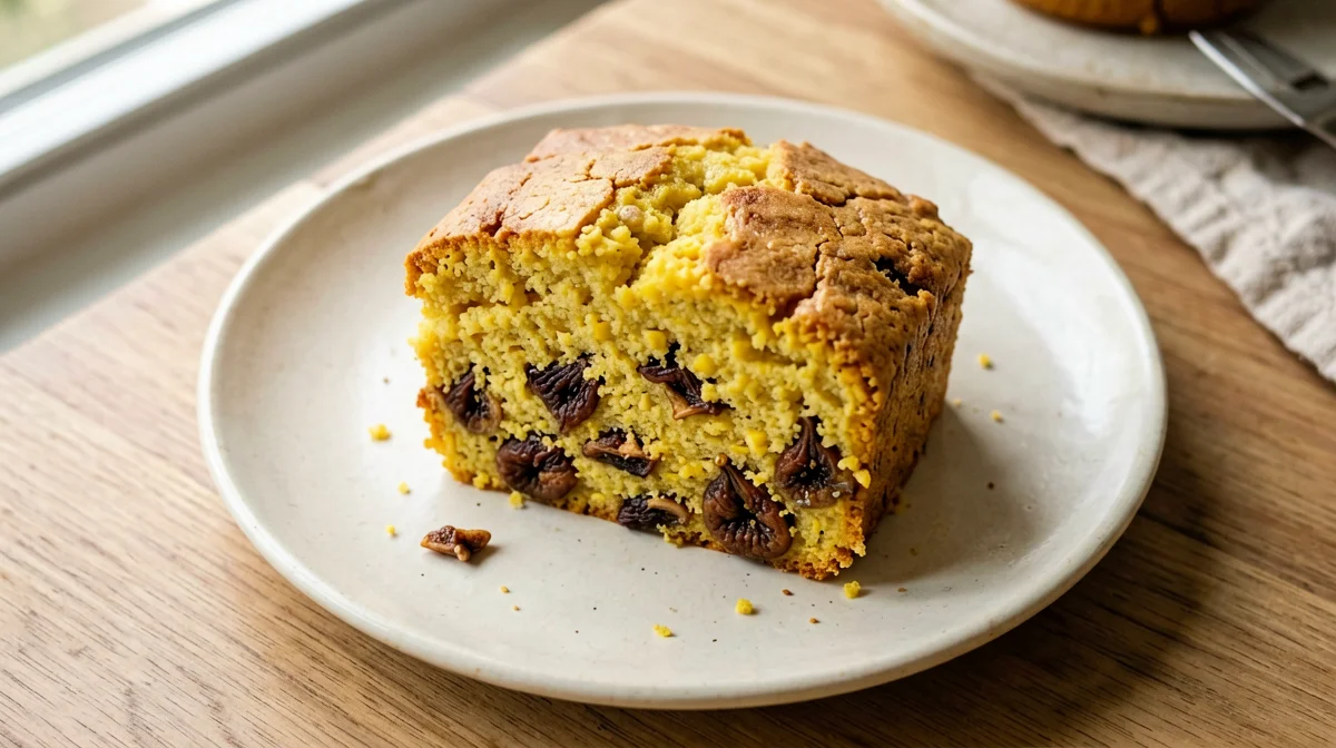 Slice of cornmeal loaf cake with dried figs