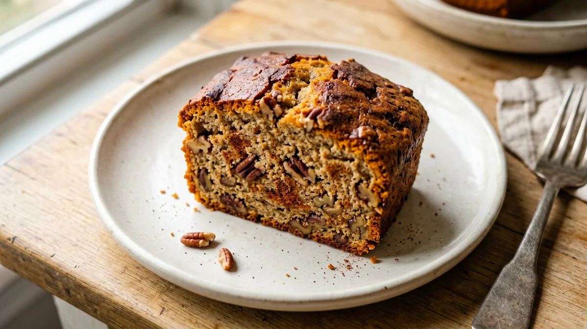Slice of pumpkin pecan loaf cake