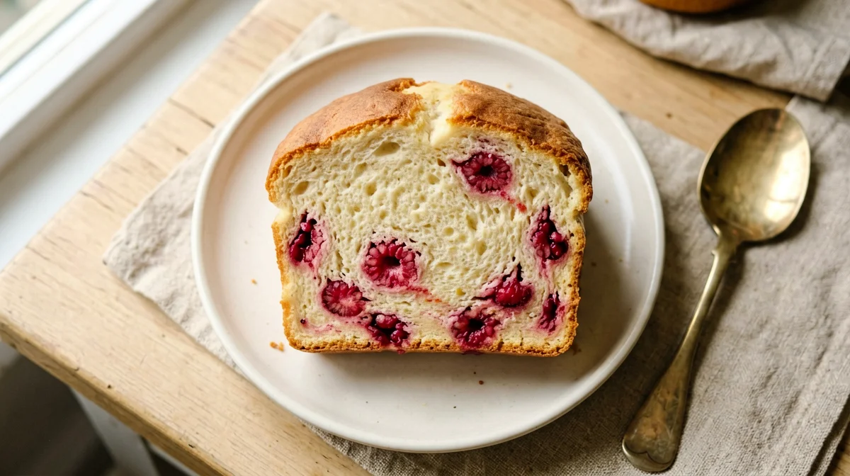 Fetta di plumcake al kefir con lamponi