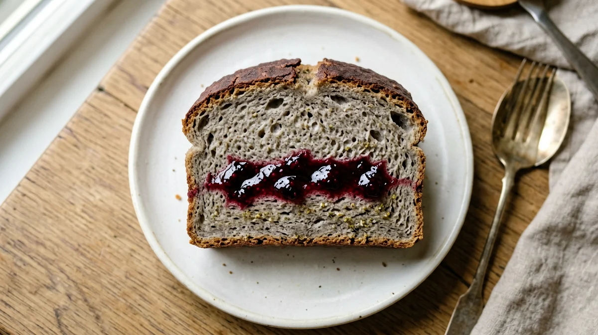 Slice of buckwheat loaf cake with a jam centre