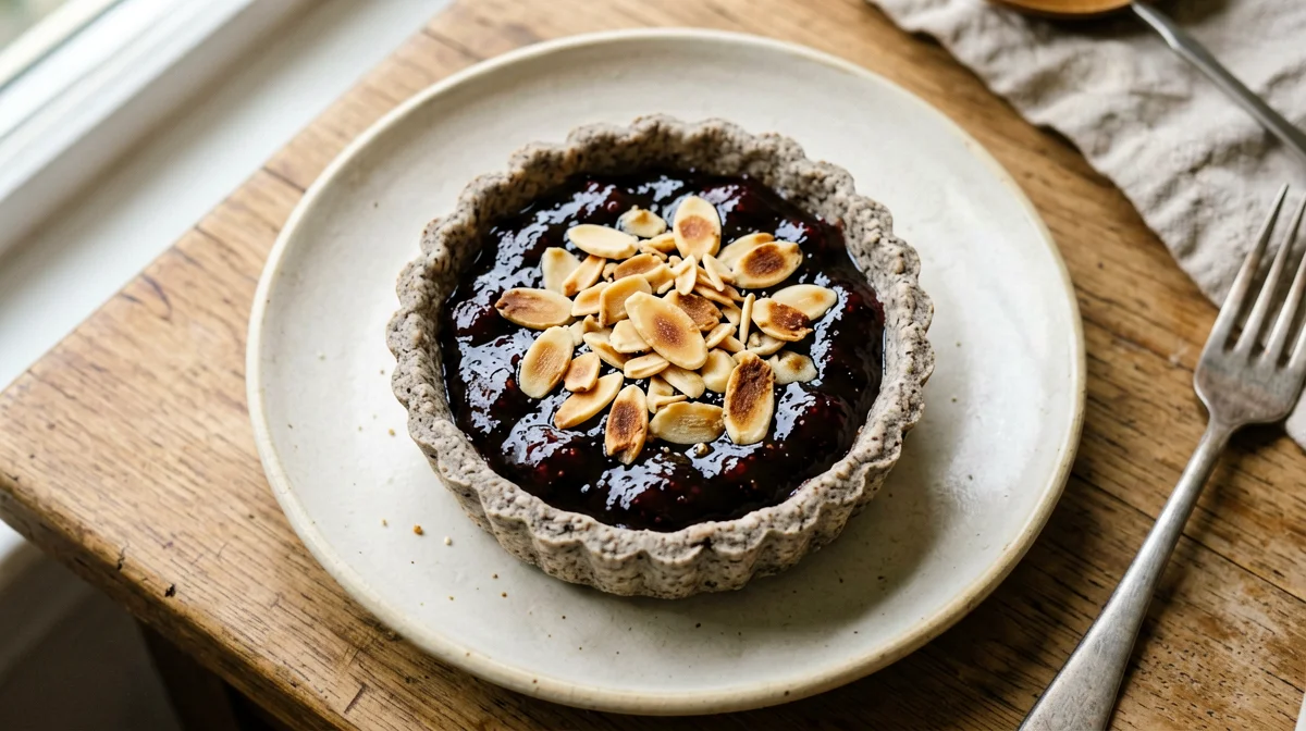 Buckwheat tartlet with jam and almonds