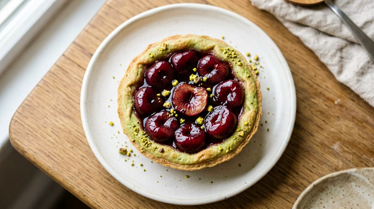 Pistachio tartlet with cherries