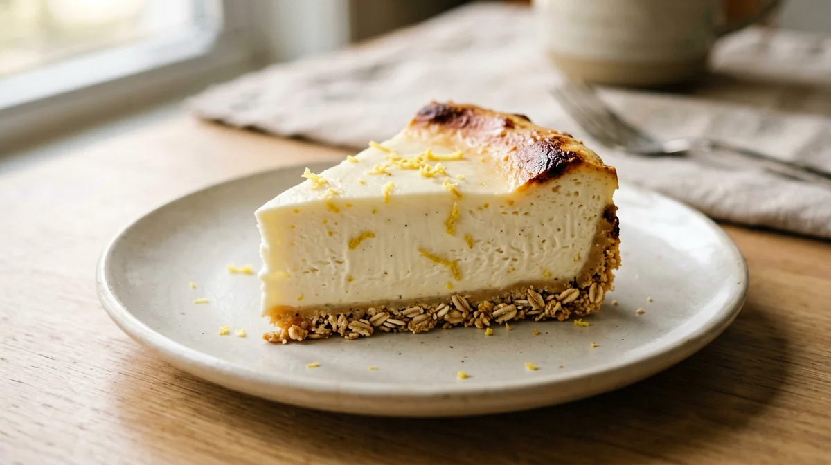 Slice of light baked skyr lemon cheesecake