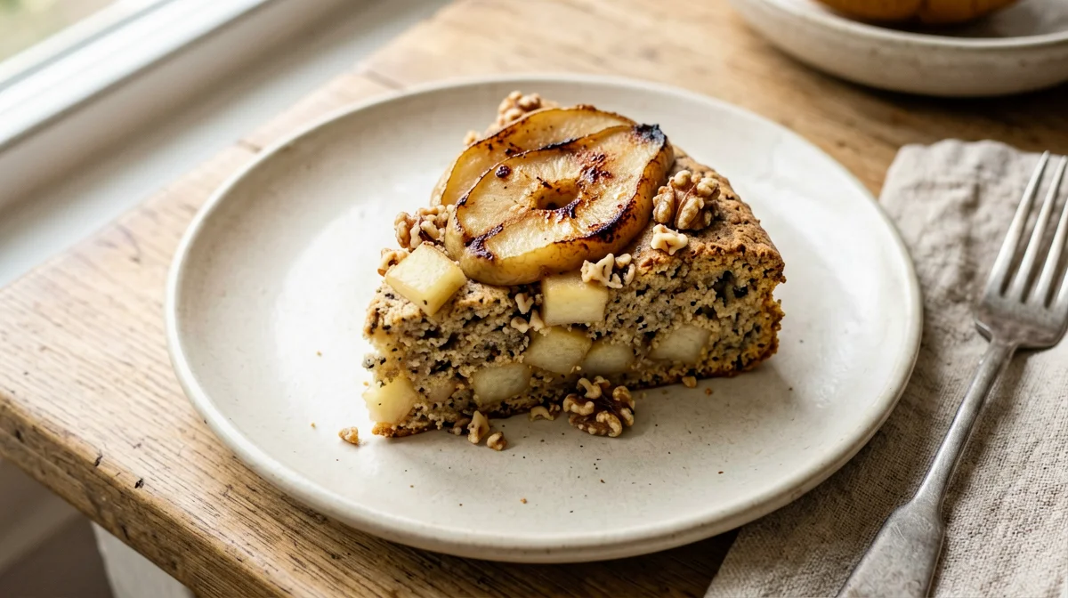 Slice of rustic spelt pear walnut cake