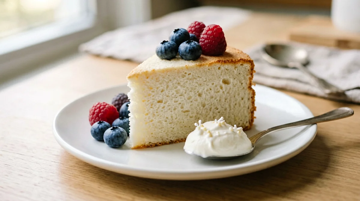 Fetta di angel cake con frutti di bosco e skyr