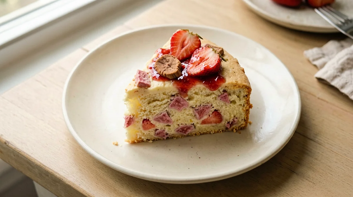Fetta di torta di rabarbaro e fragole