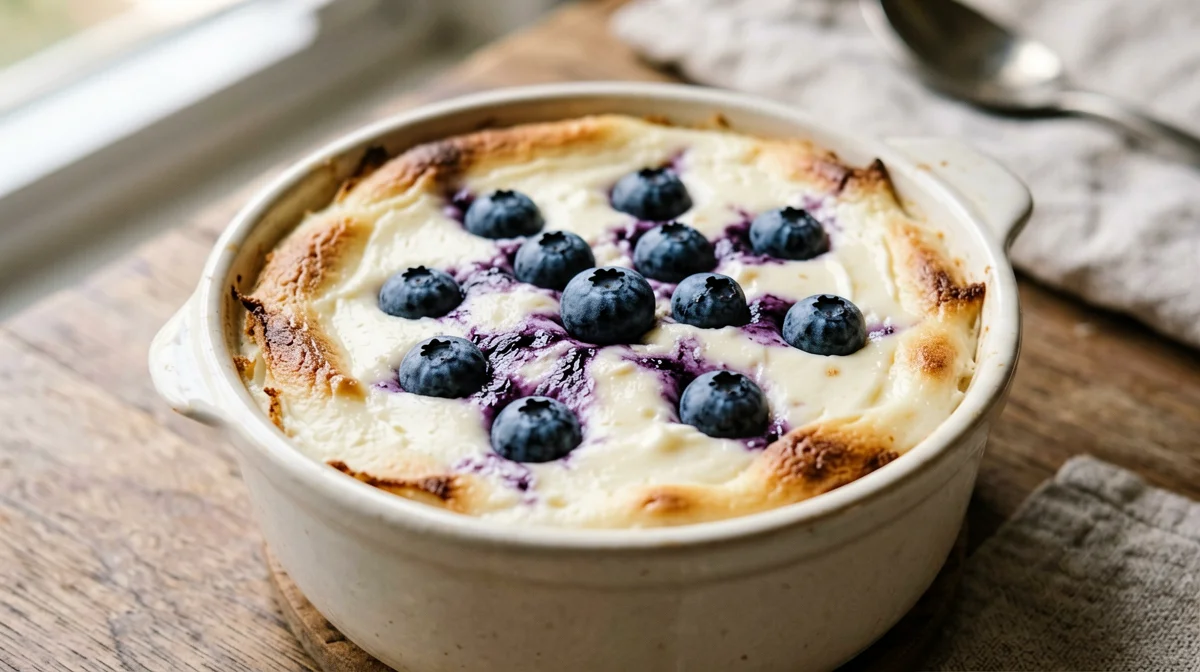Baked quark mini cheesecake with blueberries in a cocotte