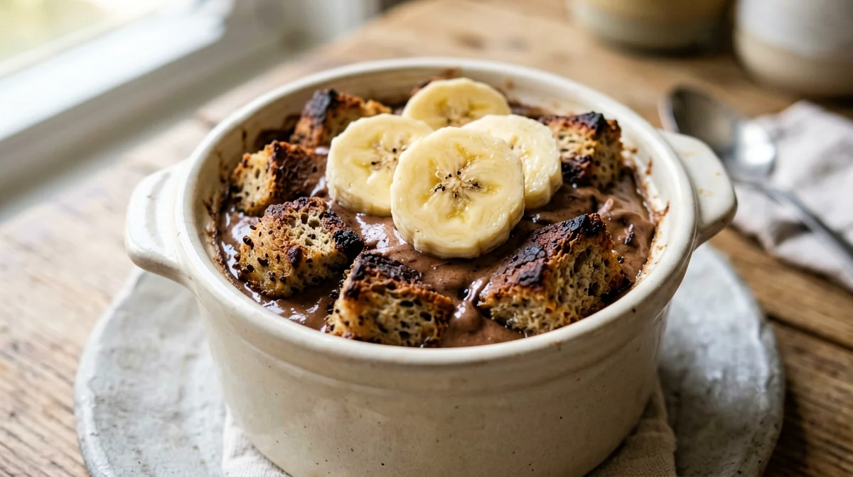Whole wheat cocoa banana bread pudding in a cocotte