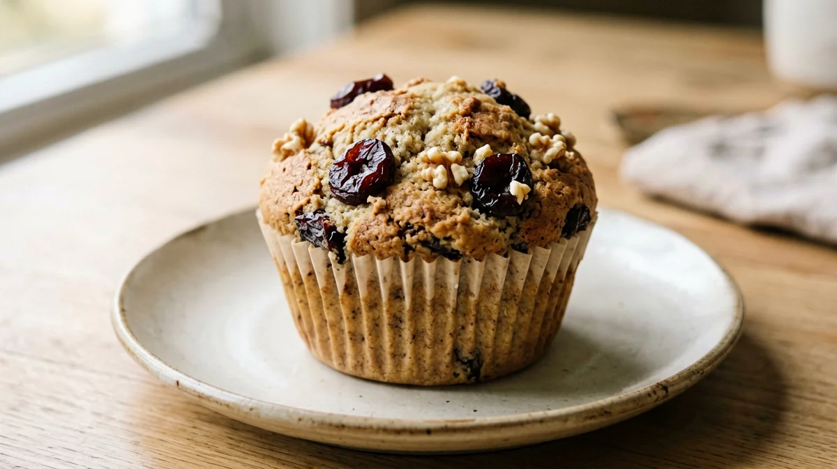 Vegan spelt prune and walnut muffin