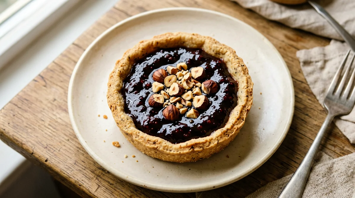 Vegan spelt tartlet with jam and hazelnuts