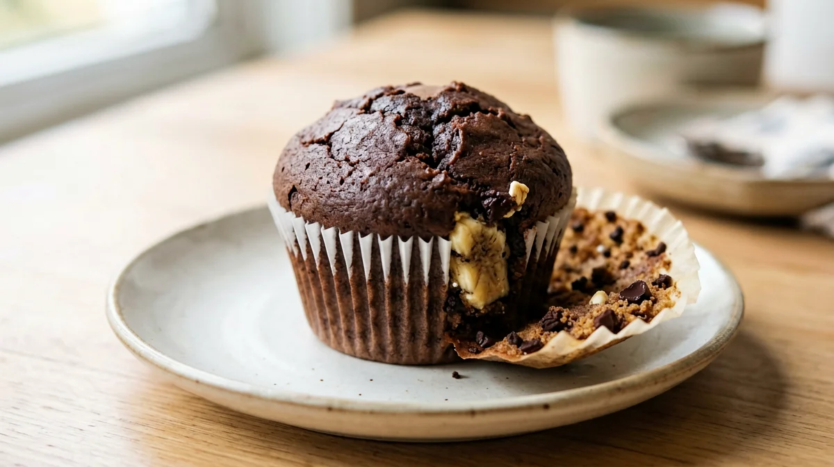 Muffin vegano di farina di soia, banana e cacao