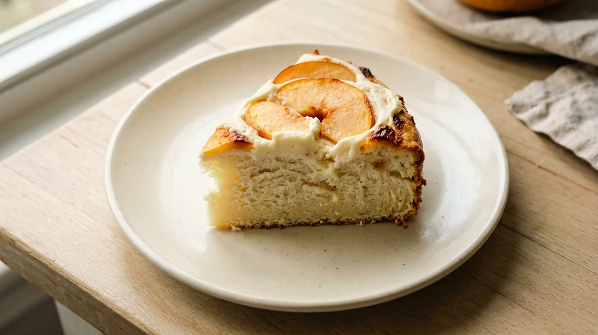 Fetta di torta soffice proteica allo yogurt greco e pesche