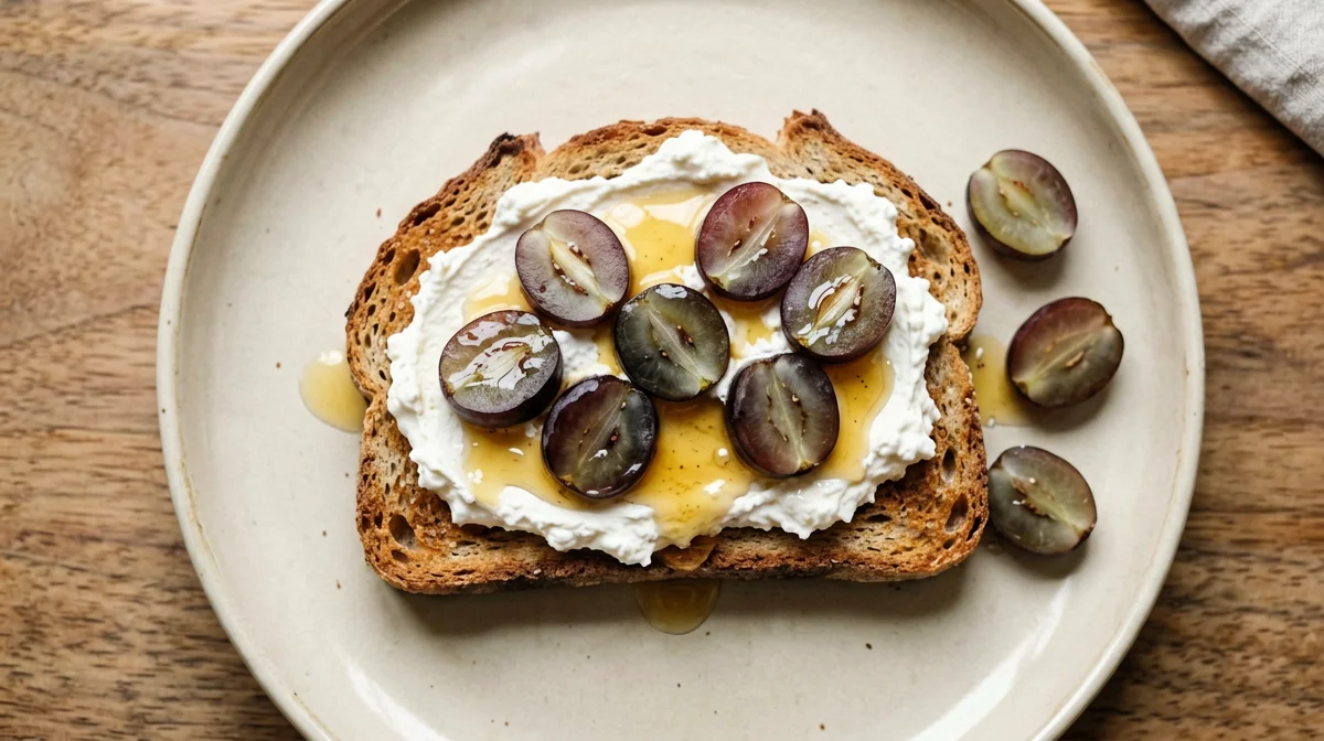 Wholemeal bread with ricotta, black grapes and a drizzle of honey