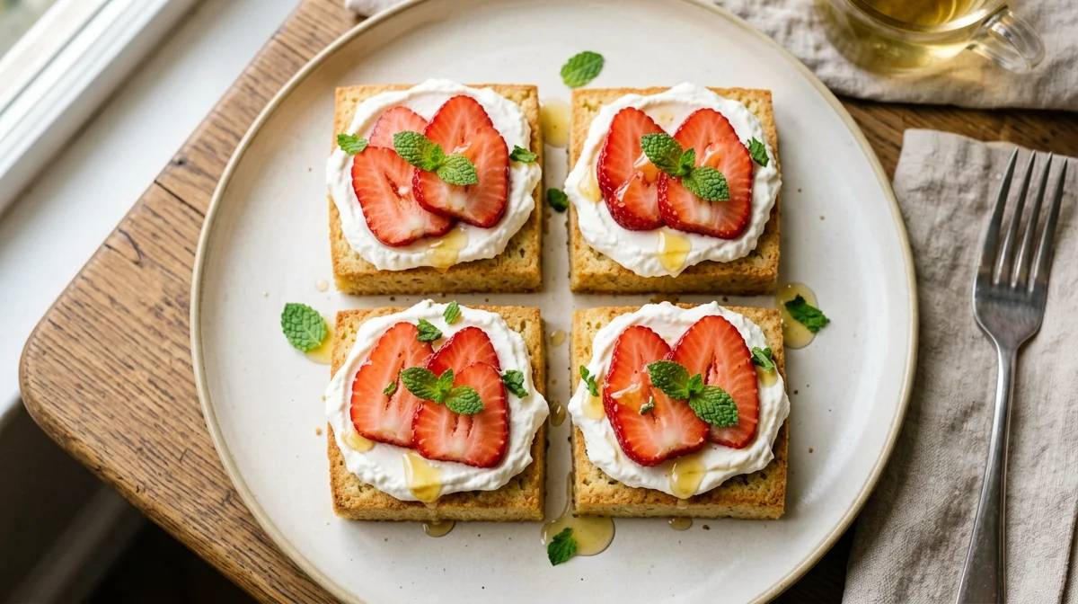 Rusks with light ricotta, strawberries and mint