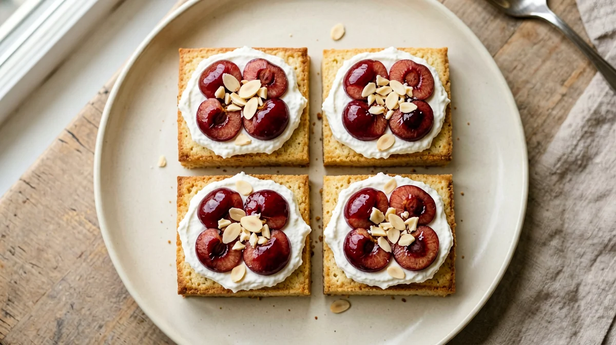 Rusks with ricotta and pitted cherries