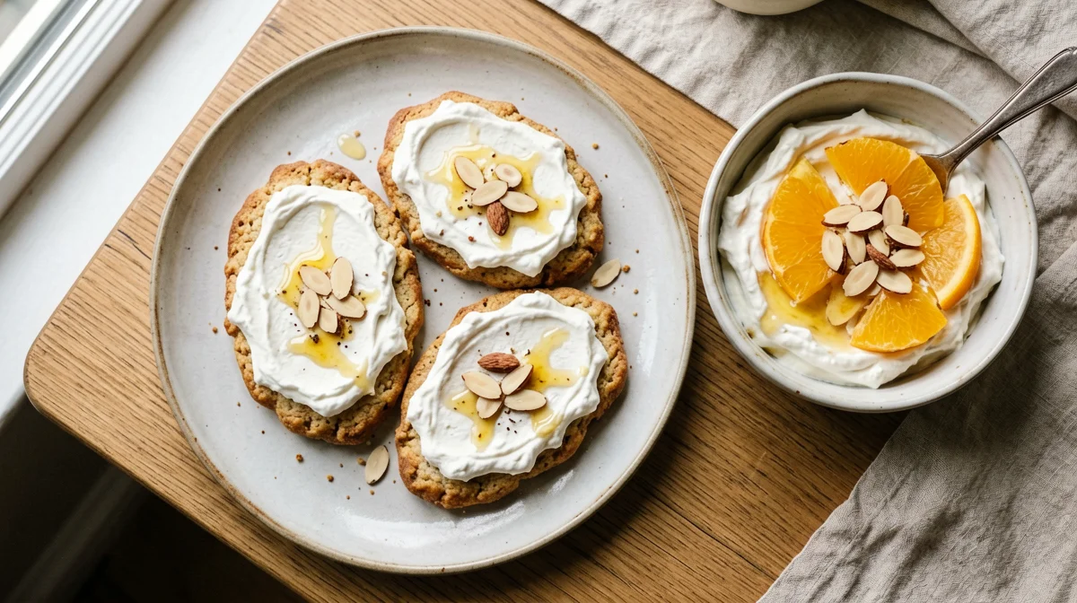 Fette biscottate con yogurt greco, albicocche e mandorle