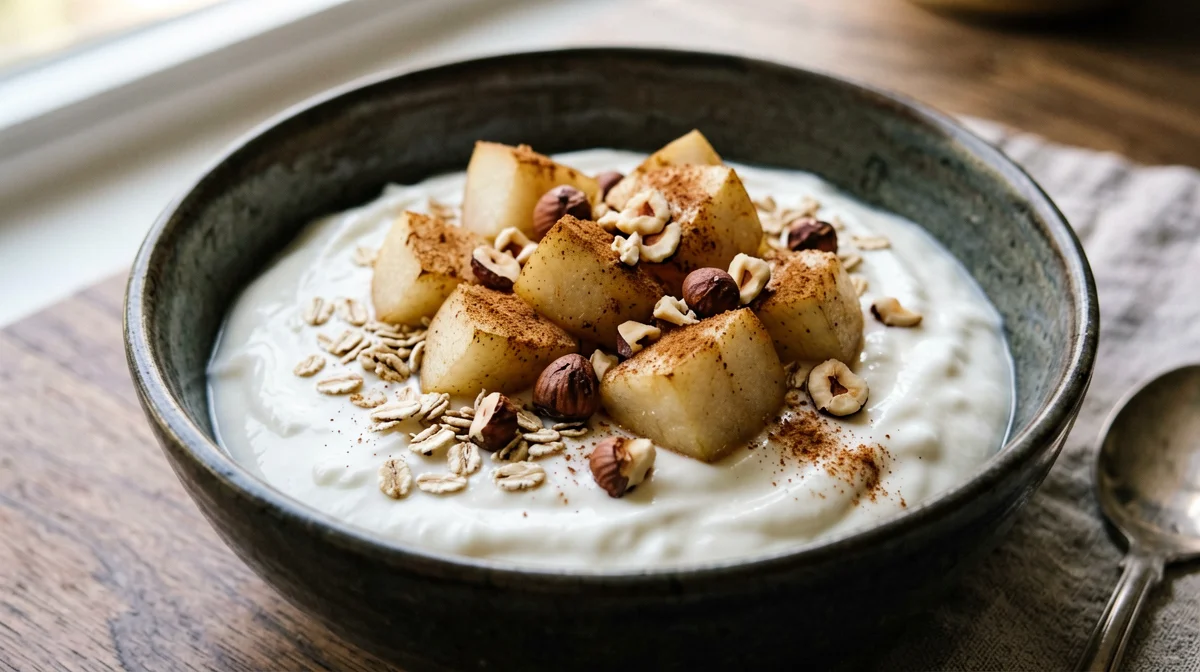 Greek yogurt with cinnamon-poached pear and hazelnuts