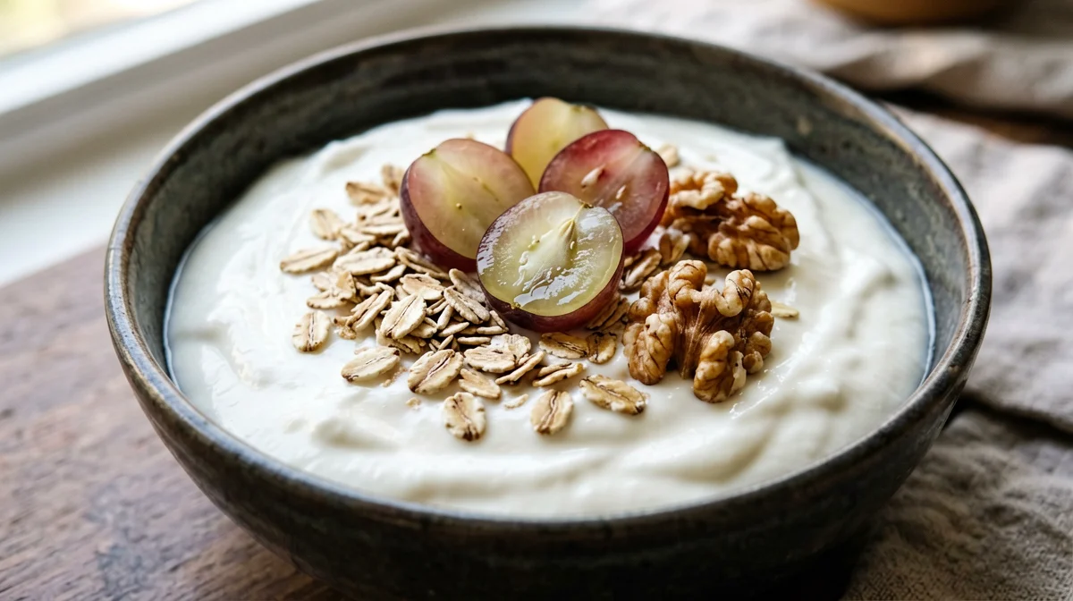 Yogurt greco con uva, noci e fiocchi d'avena