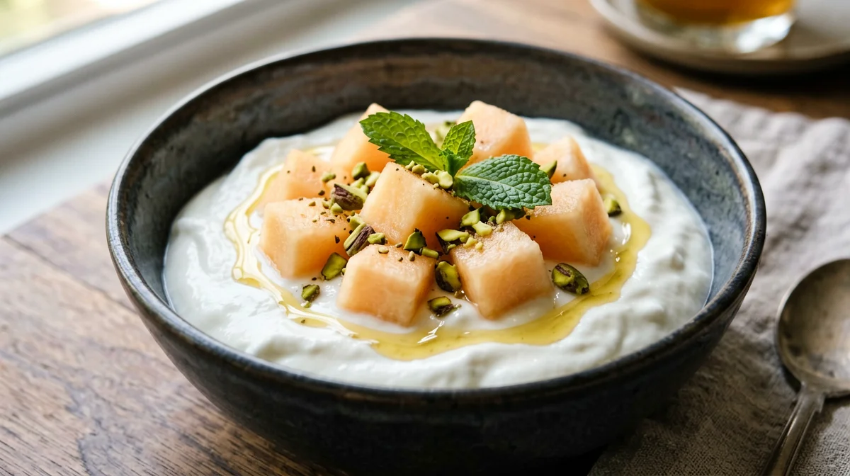 Yogurt greco con melone, menta e pistacchi