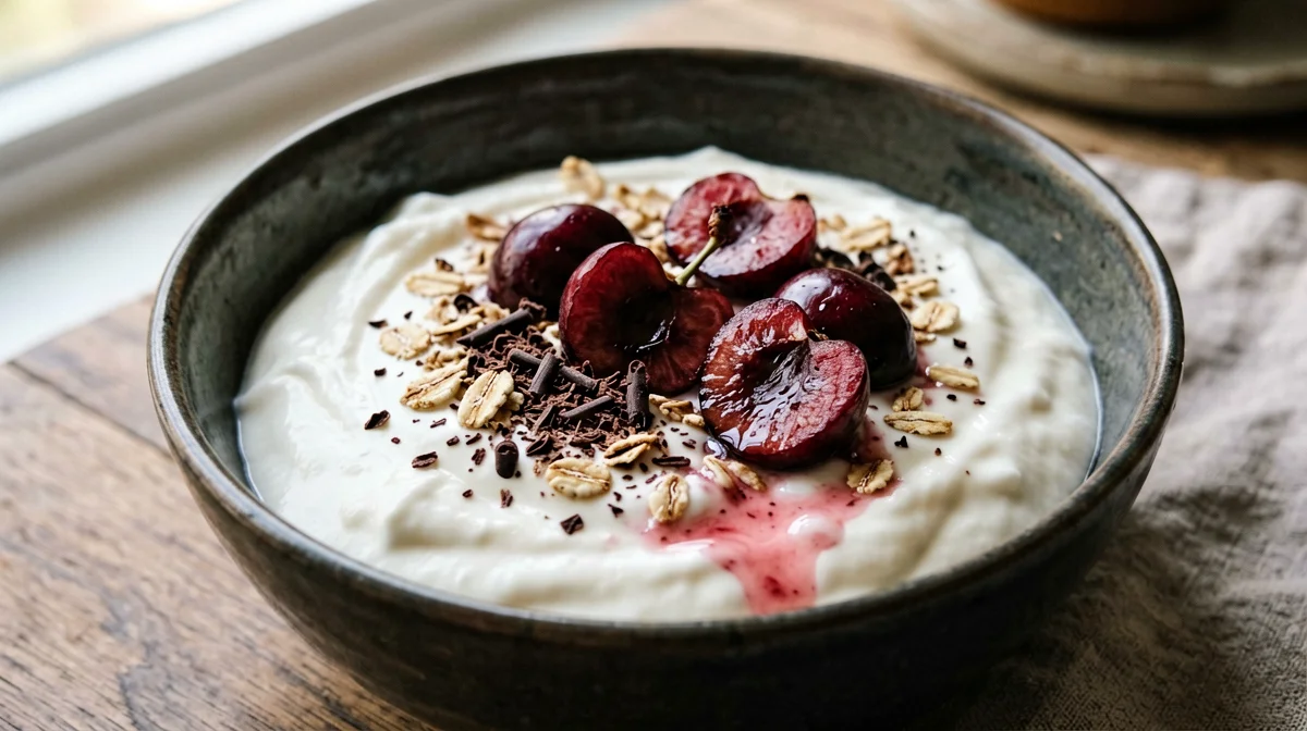 Yogurt greco con ciliegie e scaglie di cioccolato fondente