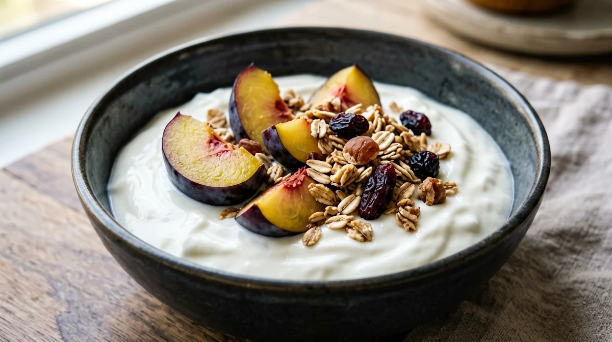 Greek yogurt with fresh plums and muesli