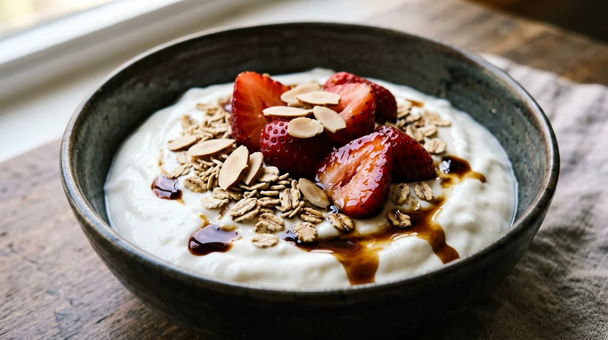 Yogurt greco con fragole al balsamico e mandorle