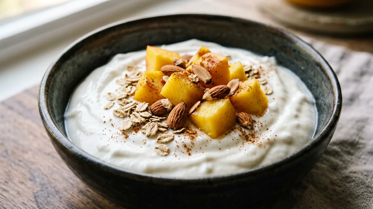 Yogurt greco con pesche, cannella e mandorle tostate