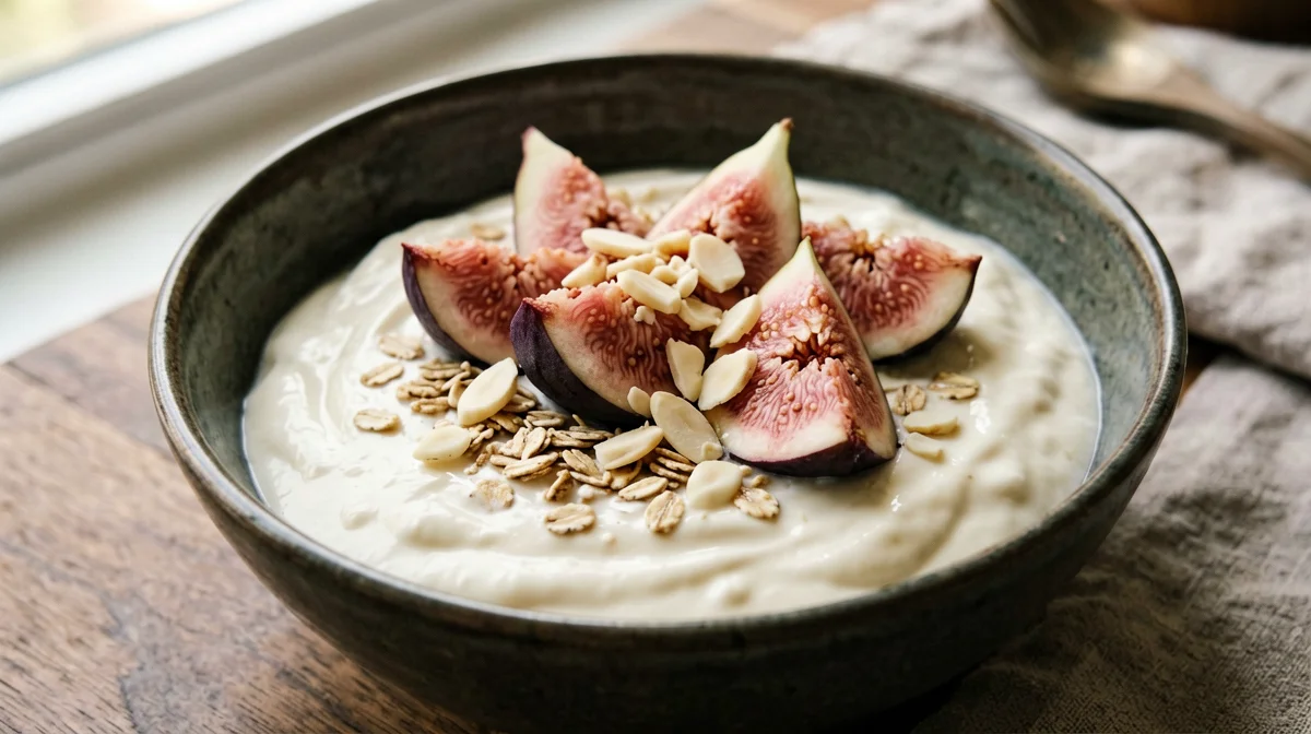 Yogurt di soia con fichi, mandorle e fiocchi d'avena