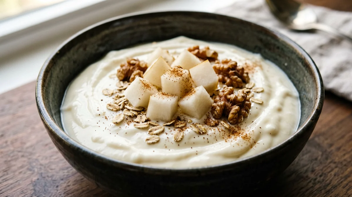 Yogurt di soia con pere, noci e cannella